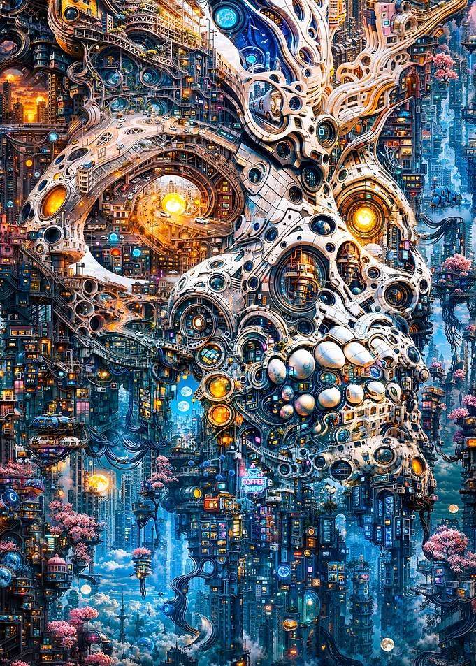 Cyberpunk Cityscape with Mechanical Structures