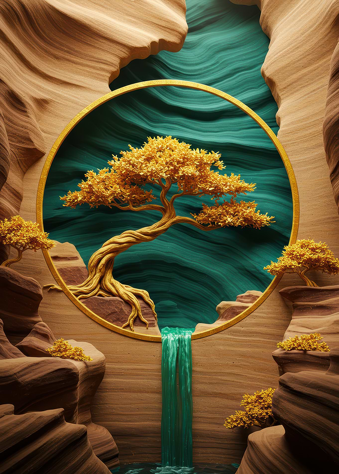Golden Tree Waterfall Canyon Landscape Art