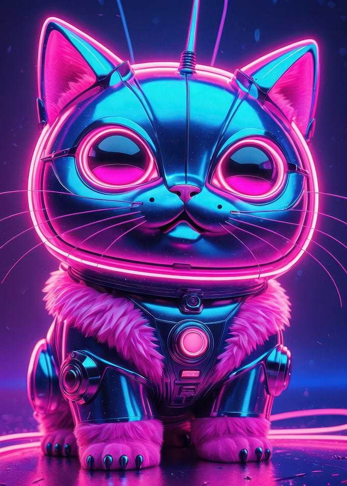 Neon Cybercat Astronaut — Futuristic Cute Cat in Glowing Helmet