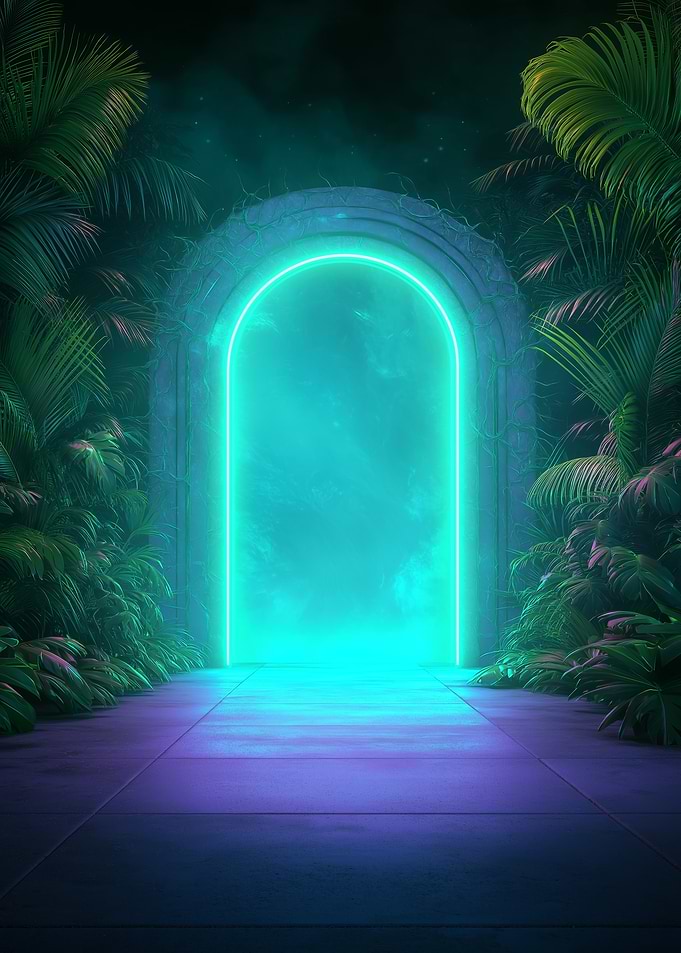 A glowing portal opening in a misty alien jungle