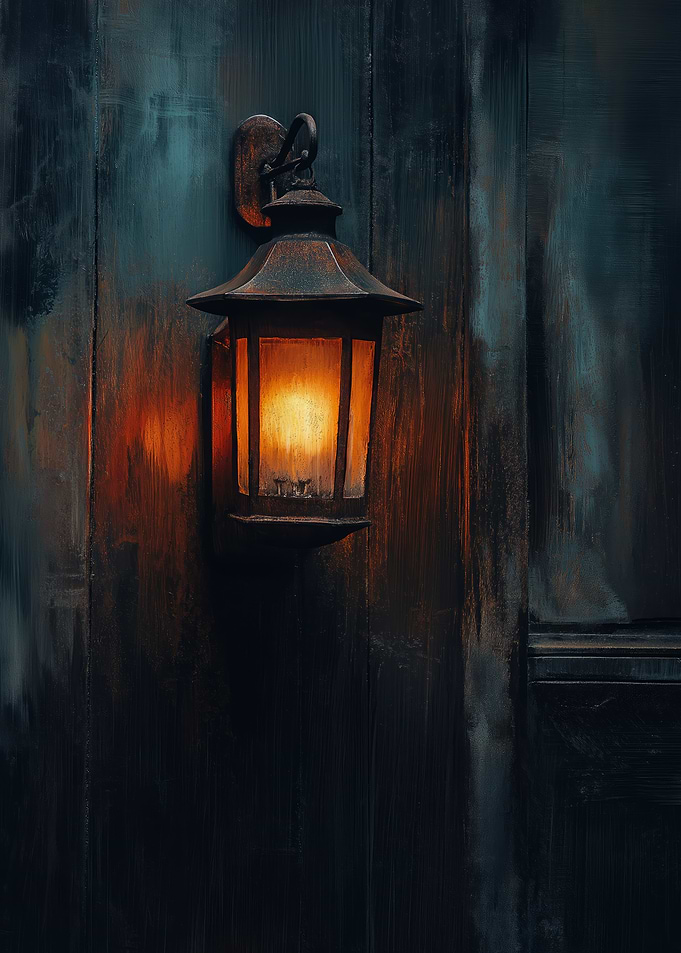 A weathered antique lantern glowing softly in the dark