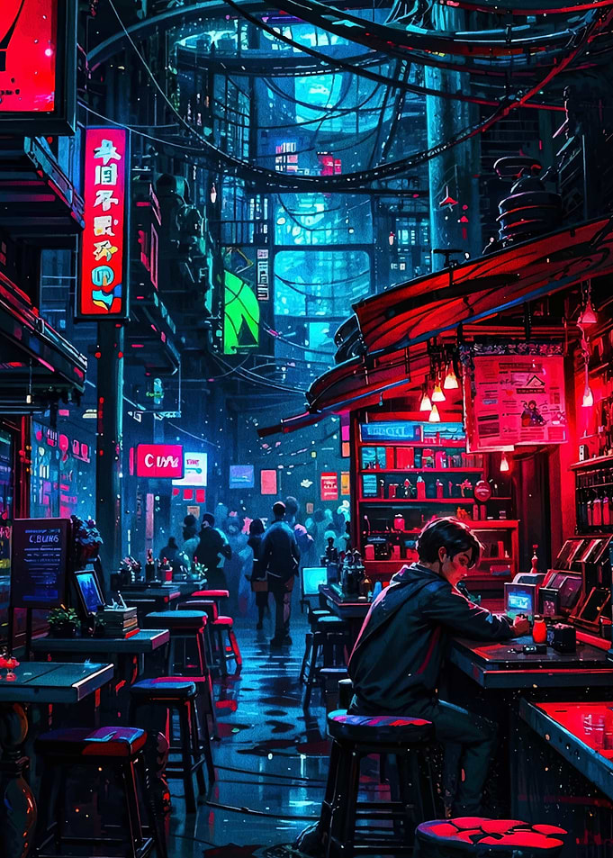 Cyberpunk Cityscape Bar Scene