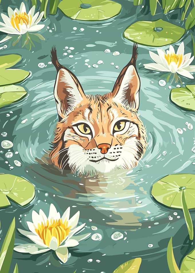 Lynx in Water Lily Pond Illustration