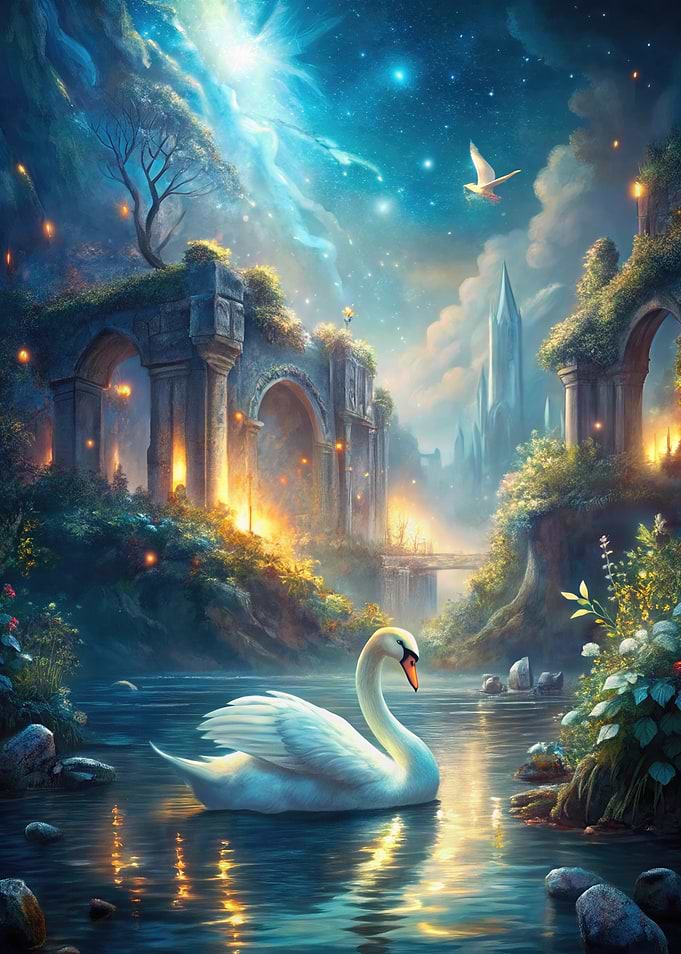 Swan in Fantasy Landscape with Ruins