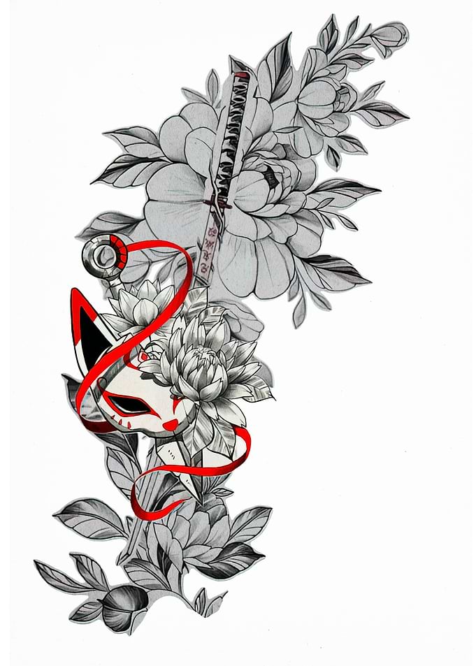 Kitsune Mask with Sword and Flowers