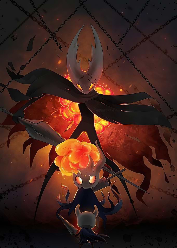 Hollow Knight characters in fiery scene