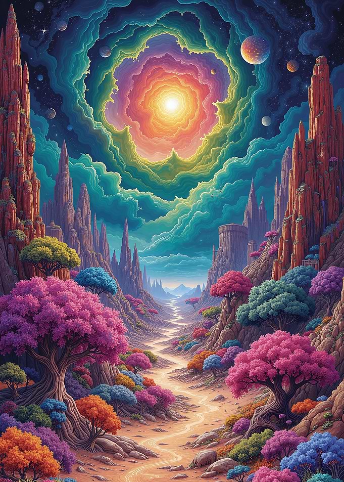 Colorful Fantasy Landscape with Cosmic Sky