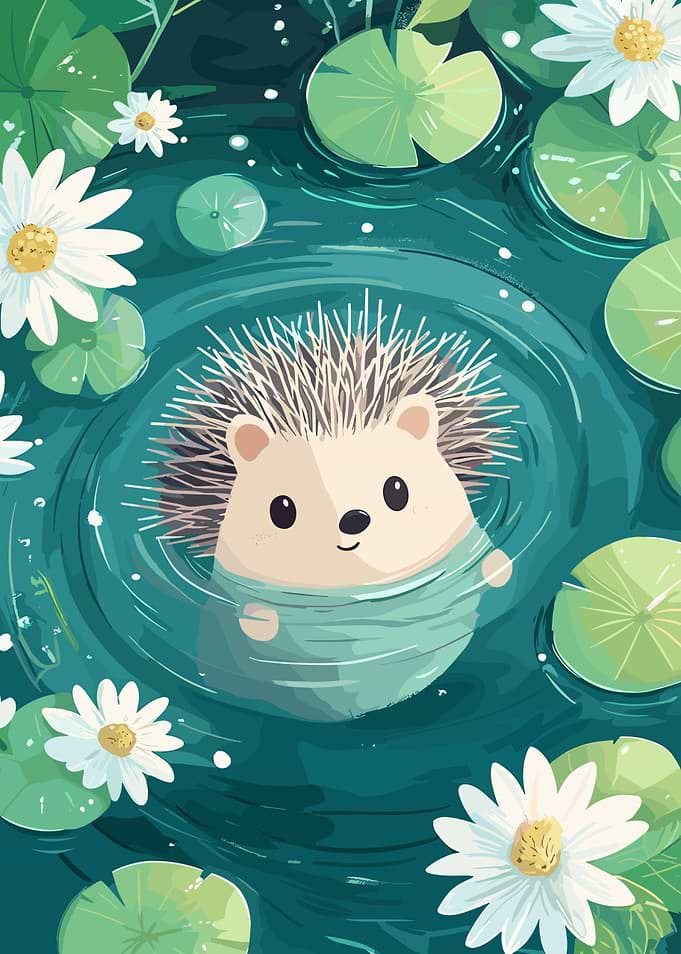 Cute Hedgehog Swimming in a Pond