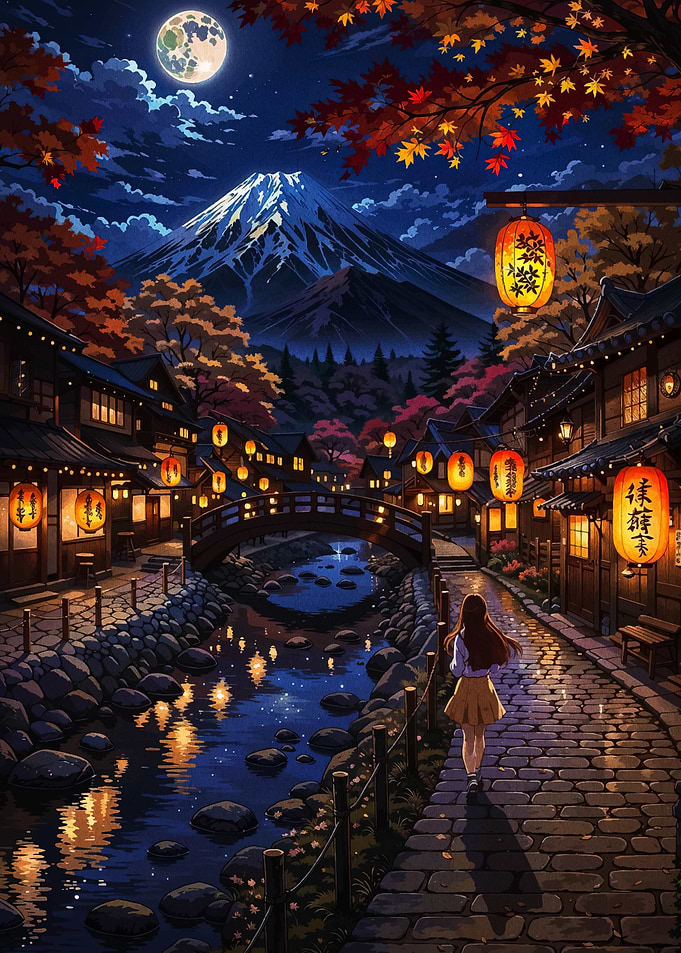 Japanese Street at Night with Mount Fuji