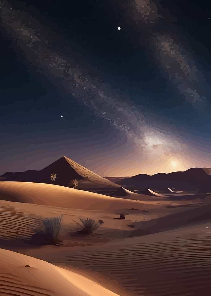 Desert landscape under starry night sky