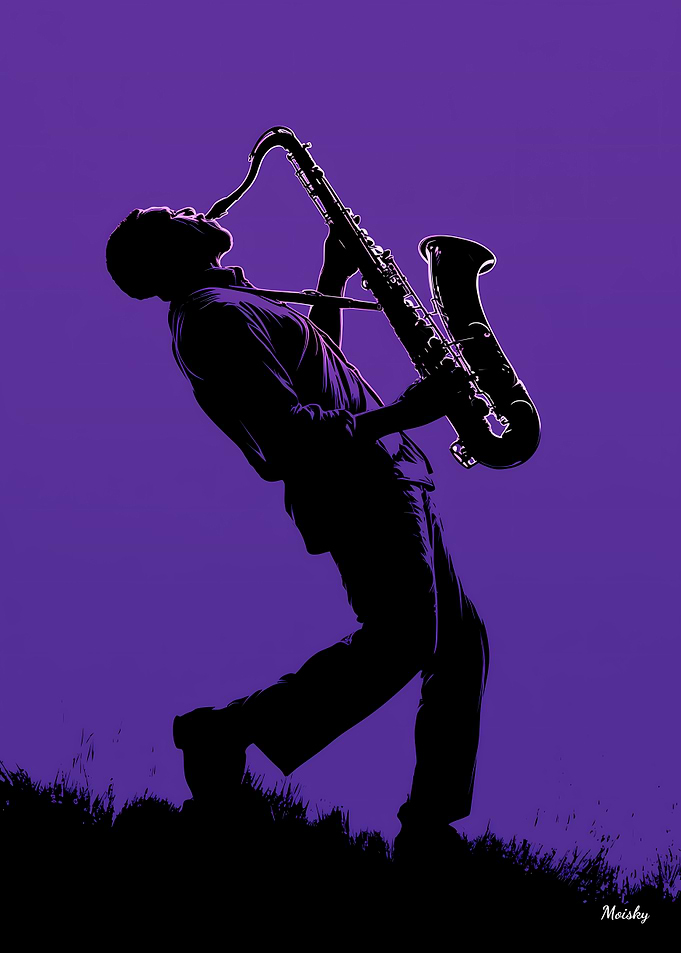 Saxophonist Silhouette – Purple Jazz Energy