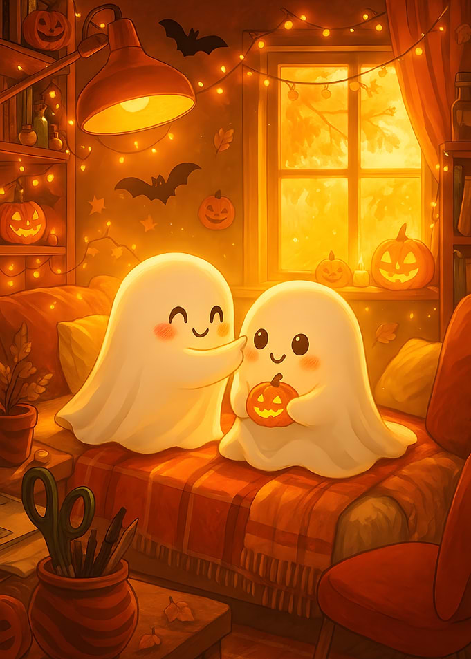 Cute Halloween Ghosts in Cozy Room