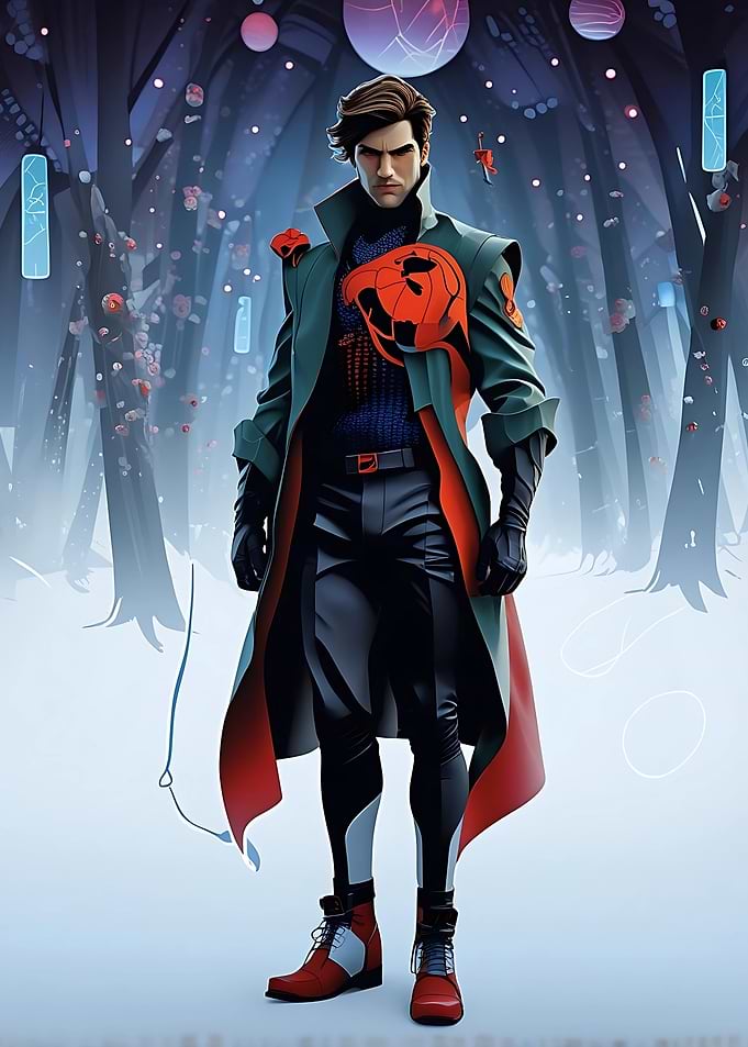Stylish Superhero in a Winter Forest