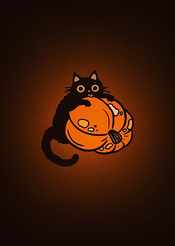 Black Cat Hugging Pumpkin Illustration