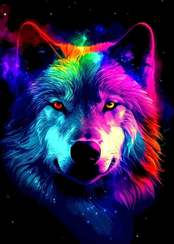 Colorful Wolf Portrait on Black Background