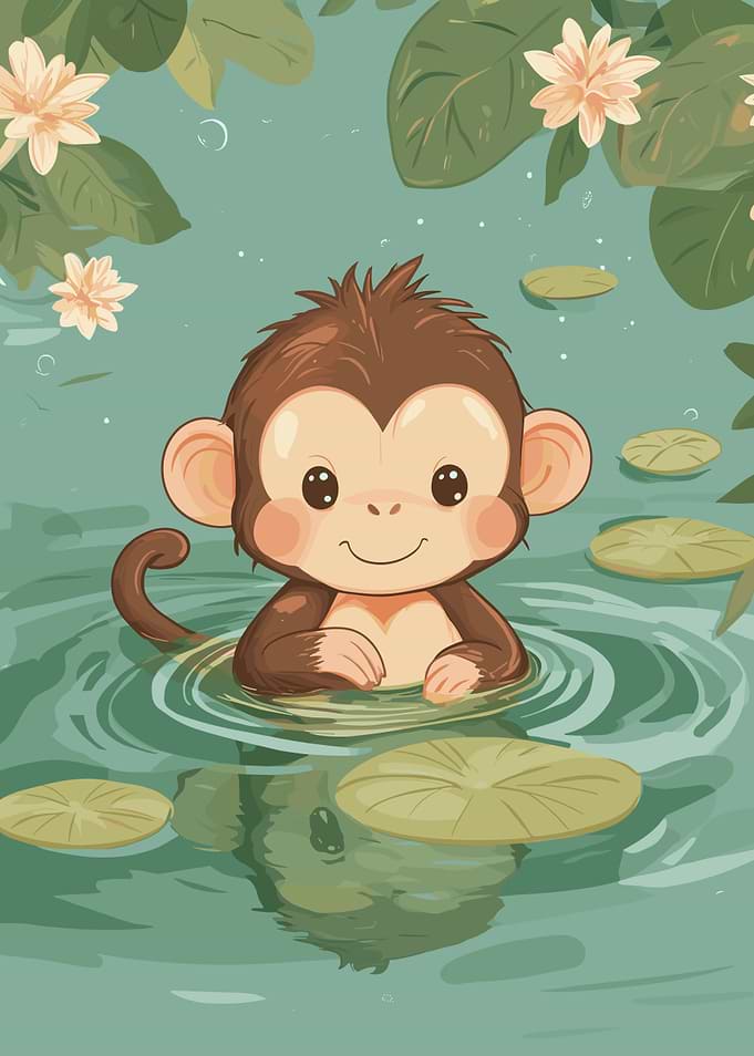 Cute Monkey Swimming in a Pond