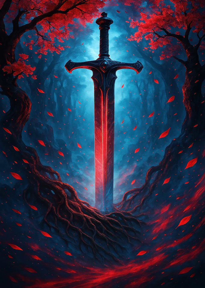 Glowing Sword in Enchanted Forest