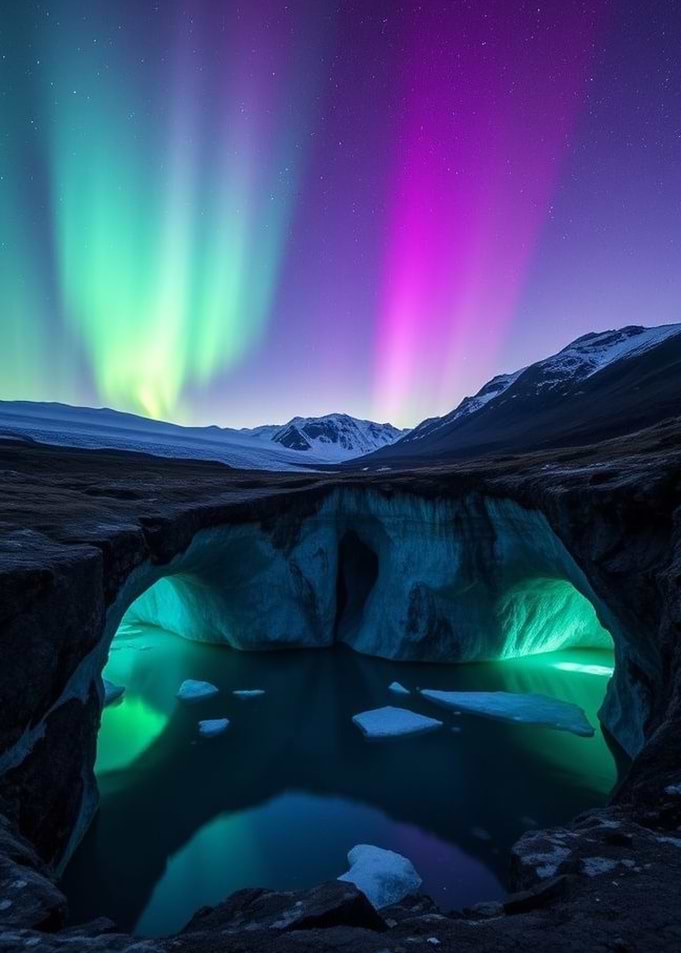 Aurora Borealis over Ice Cave Landscape