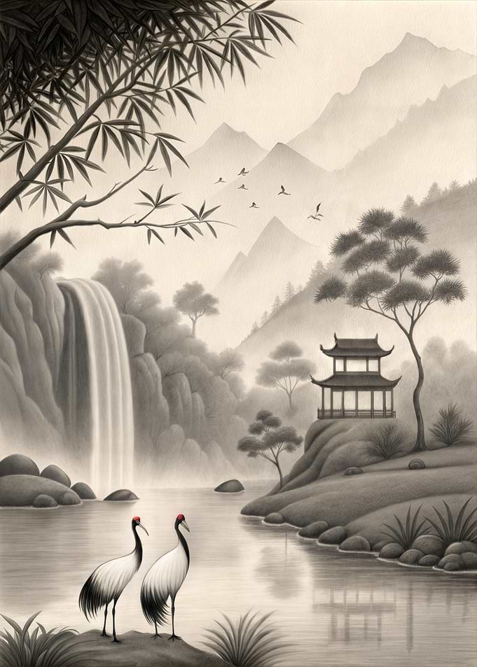 Asian Landscape with Cranes and Waterfall