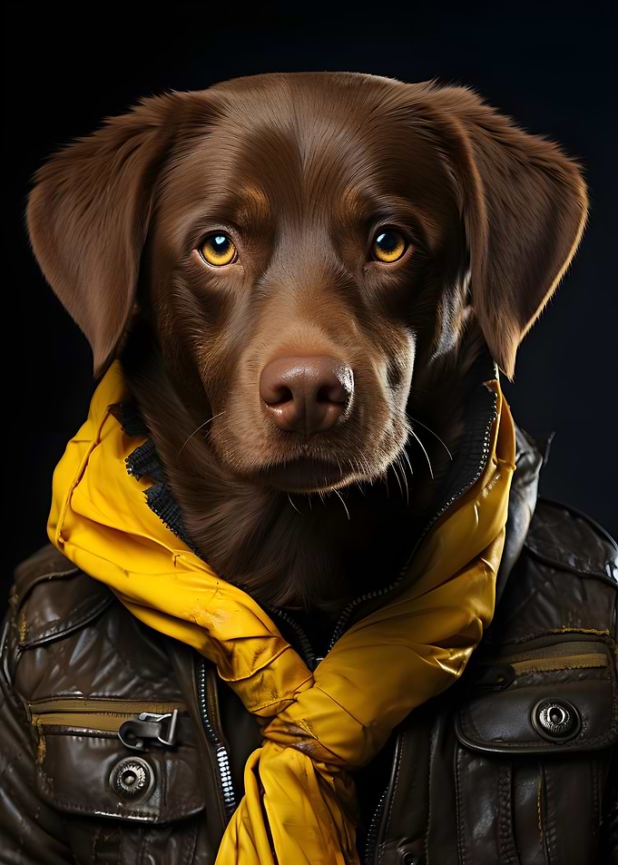 Dog in Leather Jacket and Scarf