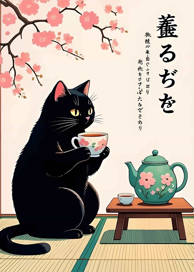 Black Cat Tea Time with Cherry Blossoms