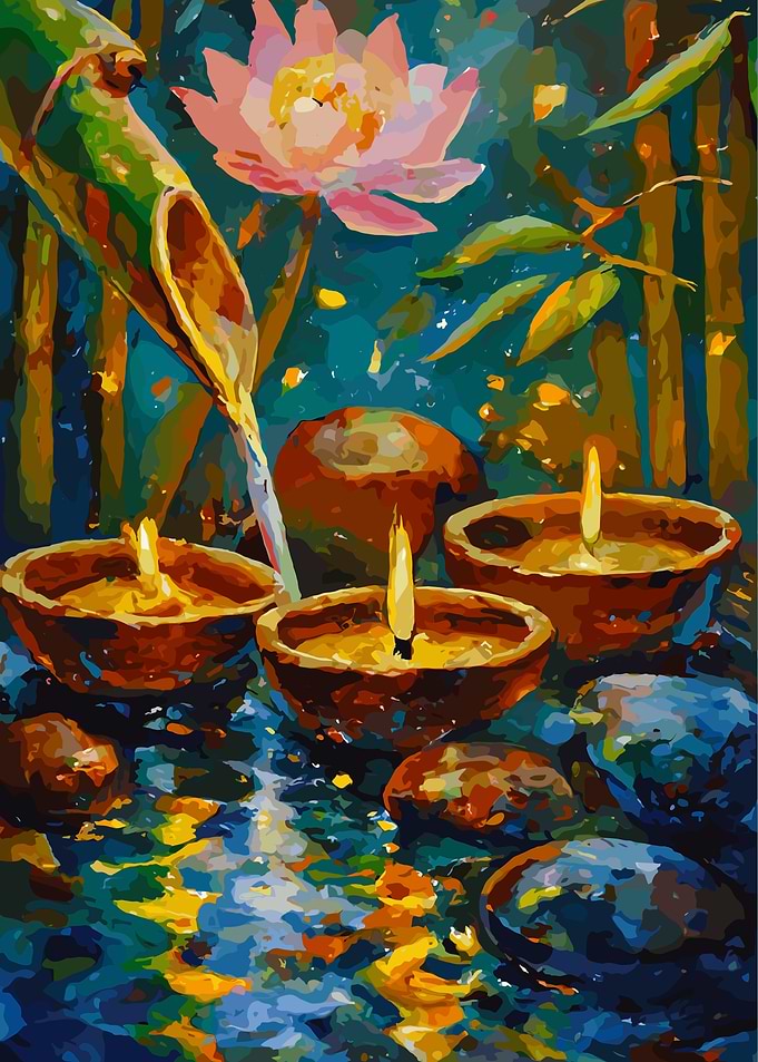 Lotus, Candles, and Bamboo Still Life