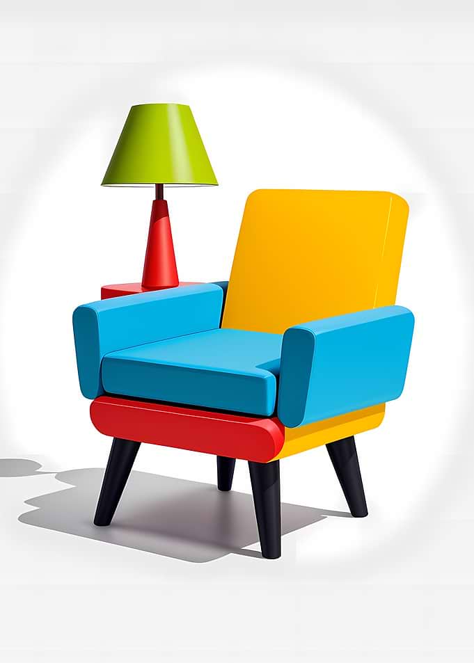Playful Color-Block Armchair with Side Lamp in a Minimal Studio