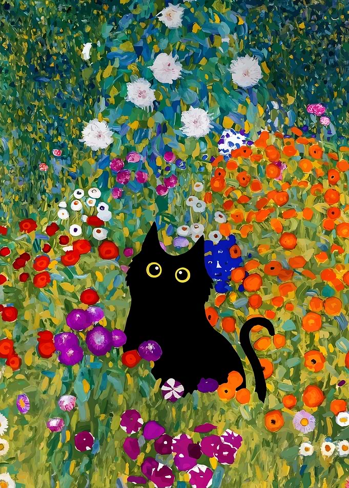 Black cat in a colorful garden