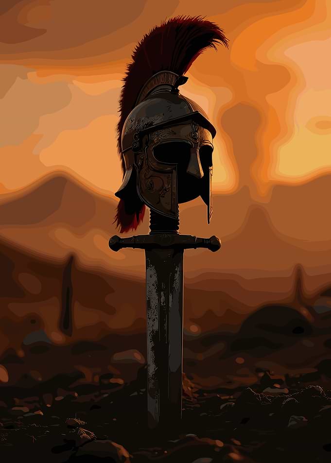 Spartan Helmet and Sword on Battlefield