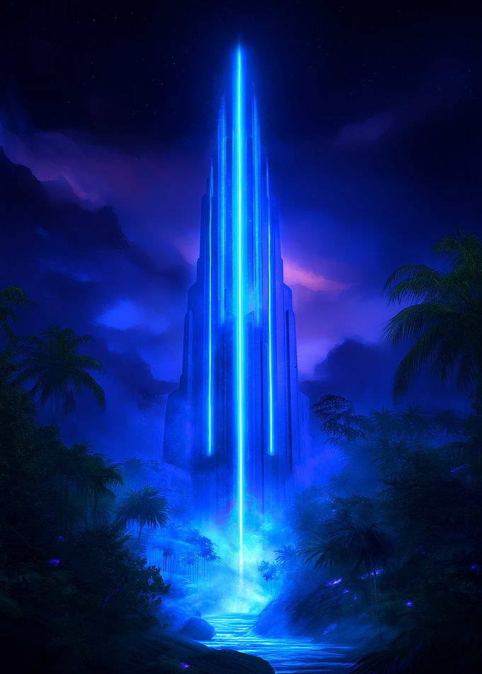 A glowing alien spire rising from a misty jungle