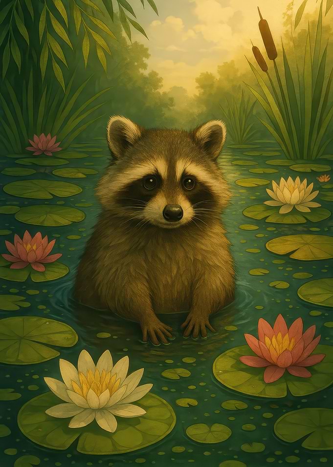 Raccoon in a Lily Pond