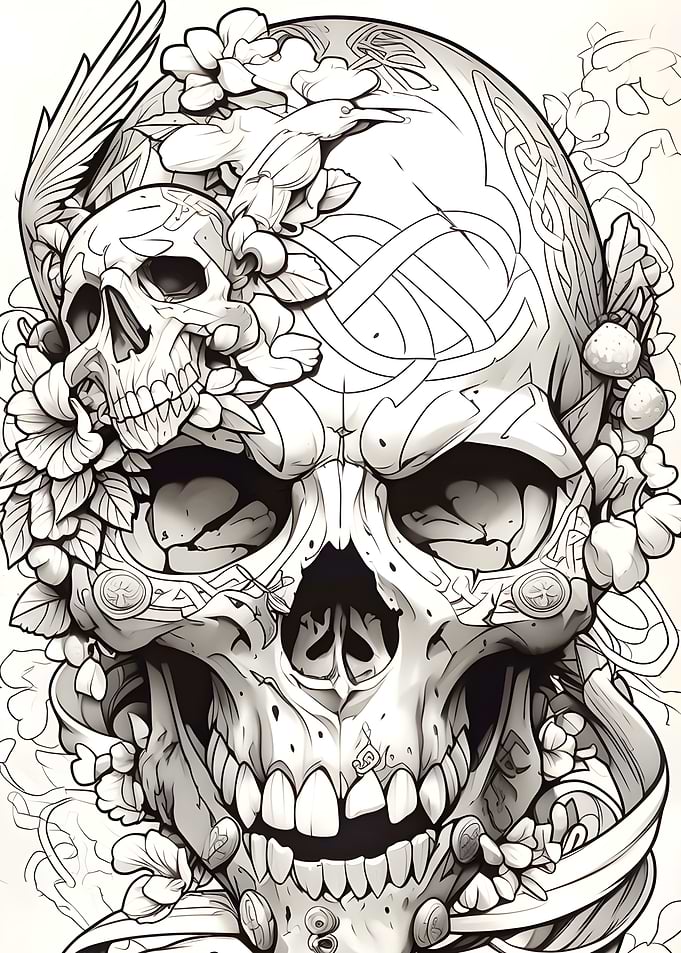 Skull with Flowers and Celtic Knots