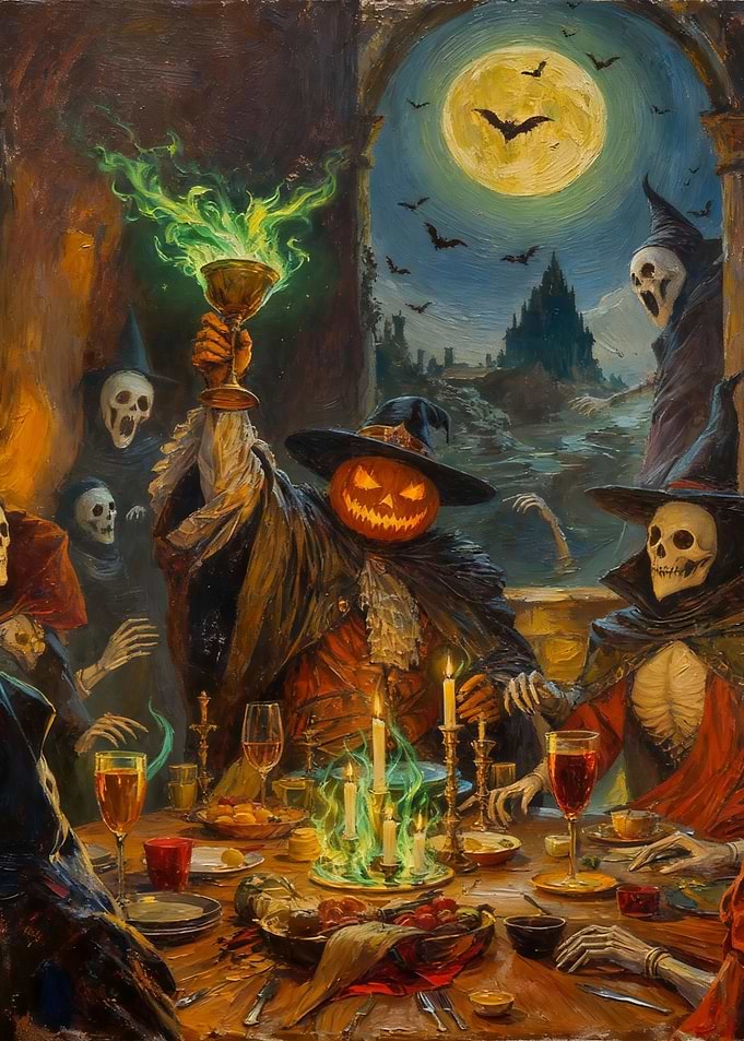 Halloween dinner with a pumpkinman and skeletons