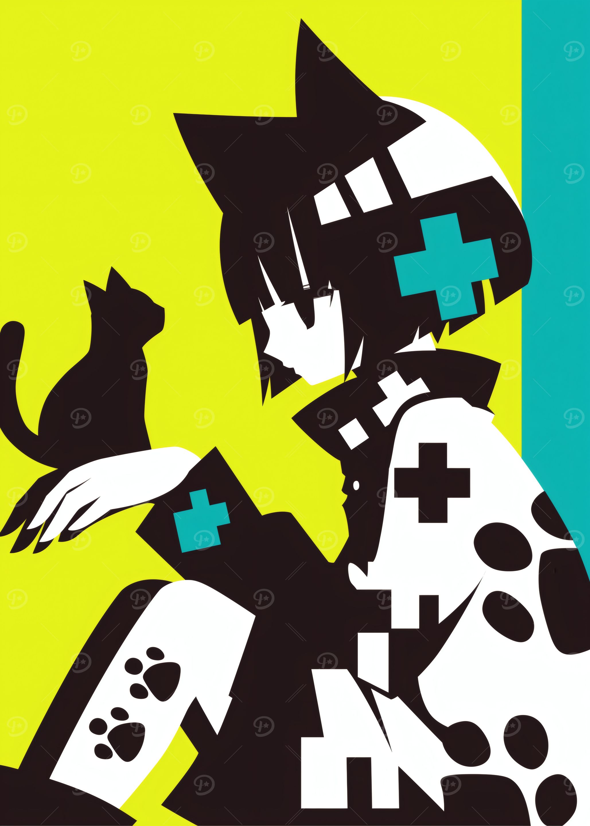 Anime Girl with Cat and Plus Signs
