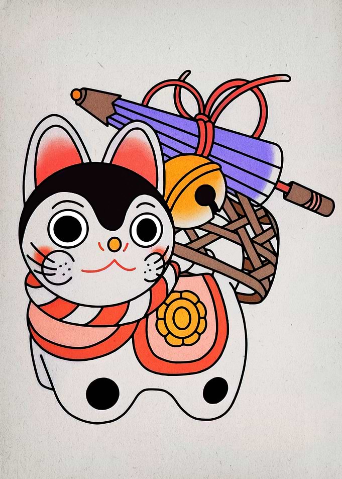 Japanese Cat Figurine with Umbrella