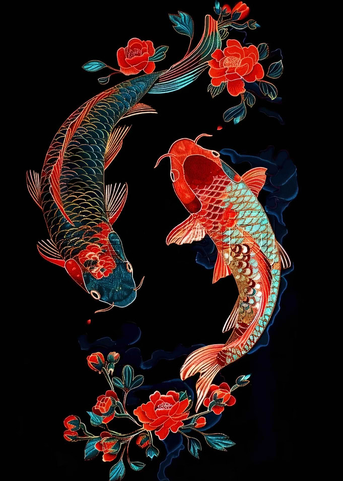 Koi Fish and Floral Arrangement