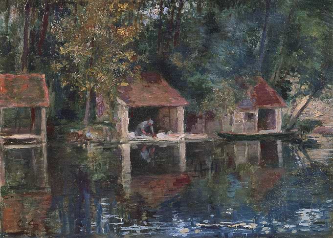 River Landscape with Buildings Painting