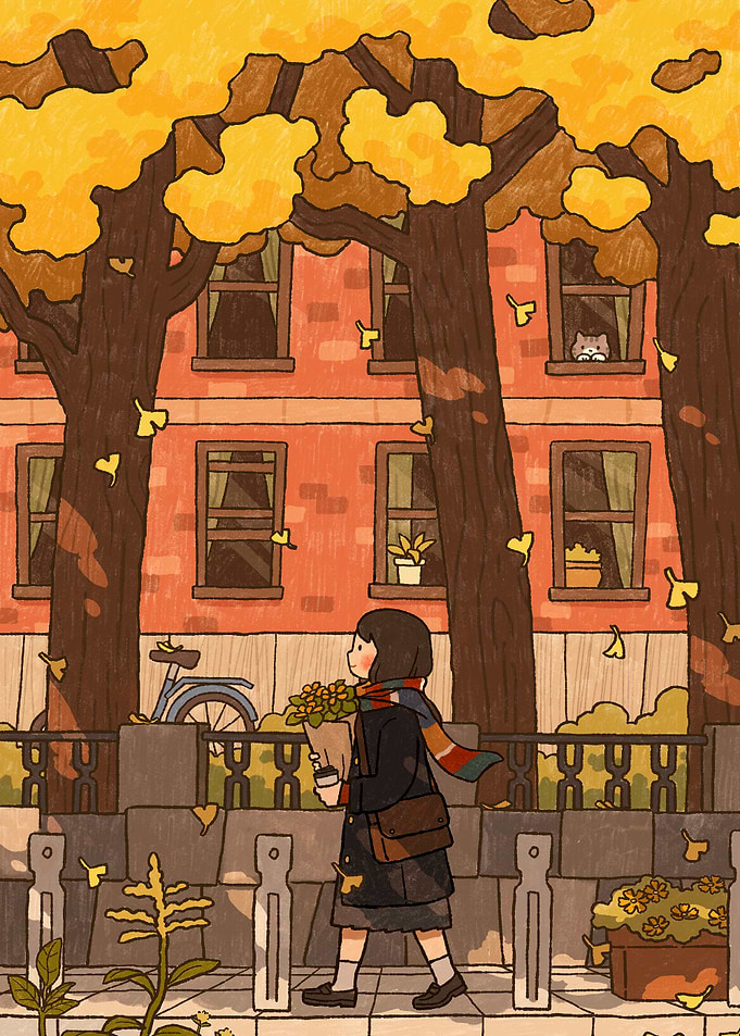 Autumn Walk with Cat in Window