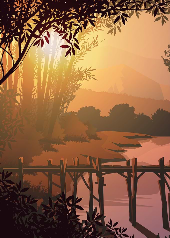 Golden Hour Forest Landscape Illustration