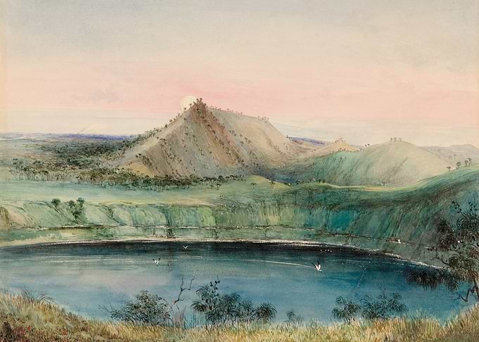 Watercolor Landscape with Lake and Mountain