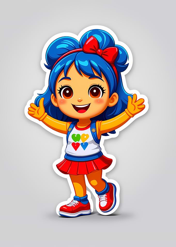 Kawaii School Girl Sticker with Blue Hair and Red Bow