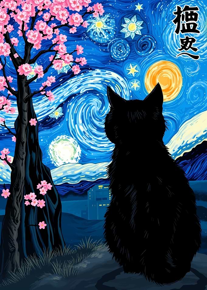 Black Cat Starry Night Art