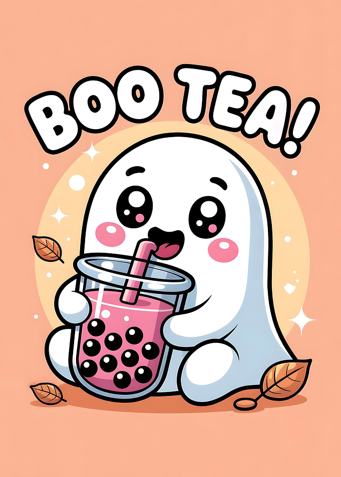 Cute Ghost Drinking Boba Tea Cartoon
