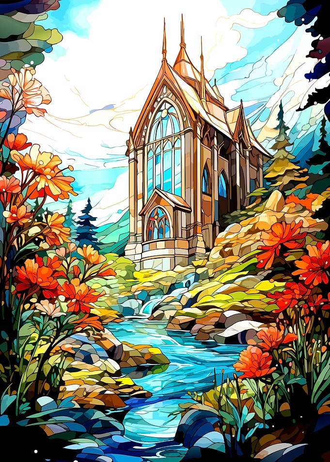 Stained Glass Style Chapel Landscape
