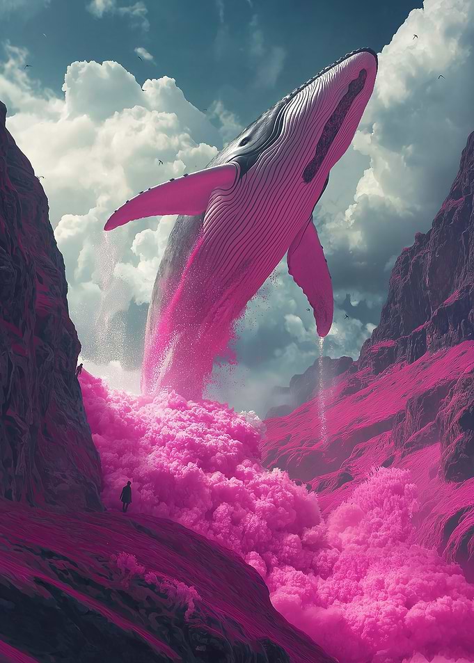 Pink Whale in Mountain Landscape