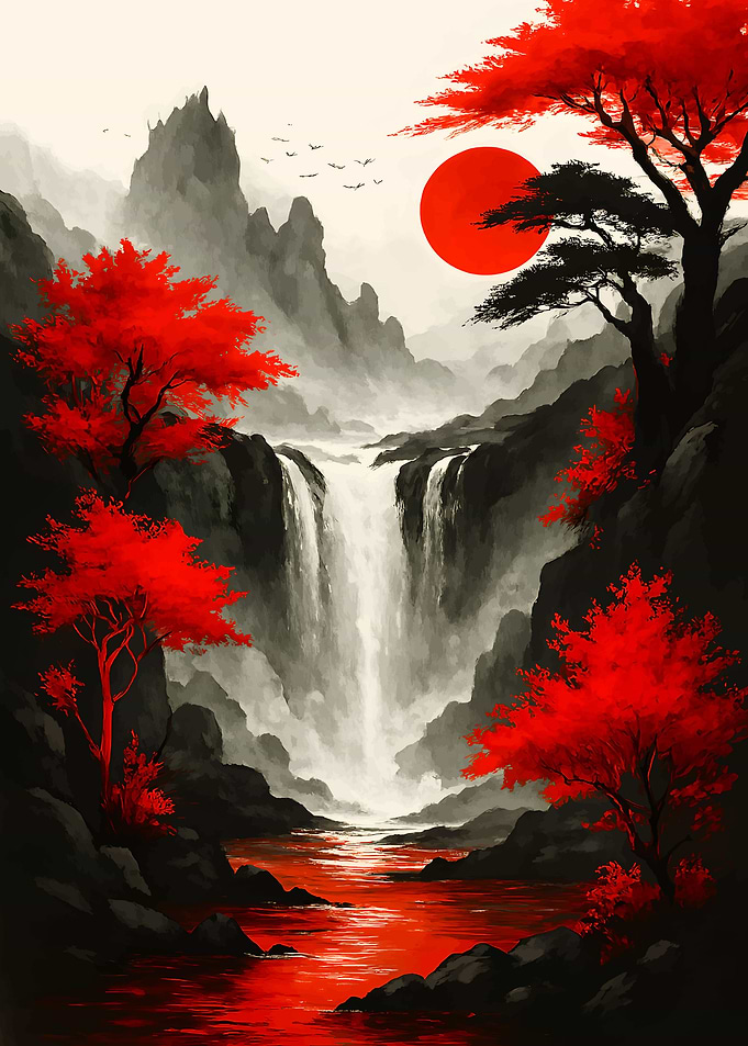 Japanese Waterfall Landscape with Red Trees