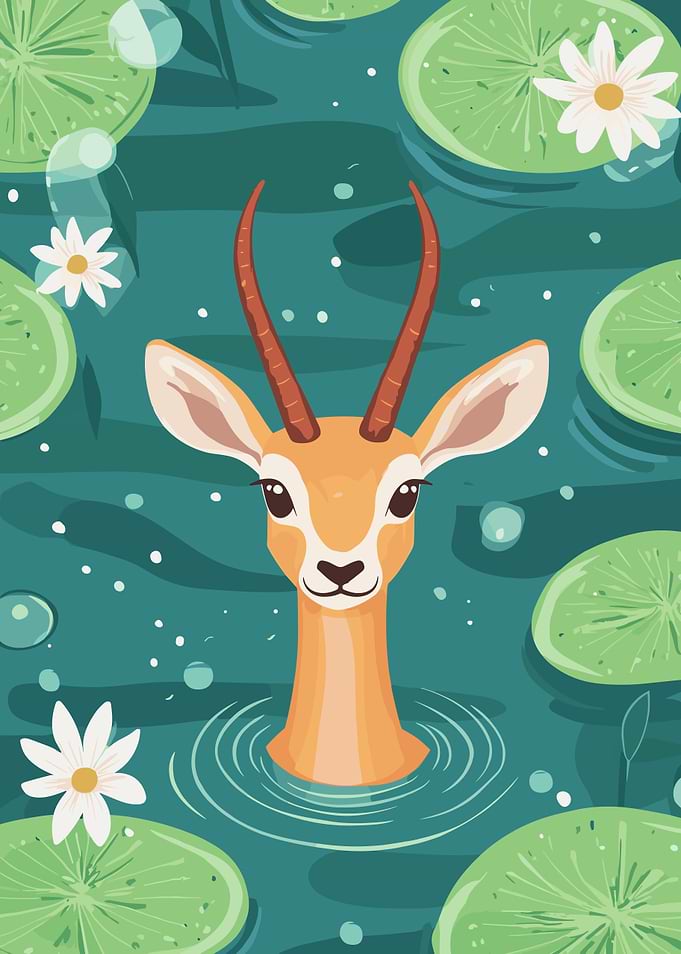 Cartoon Gazelle in Lily Pond