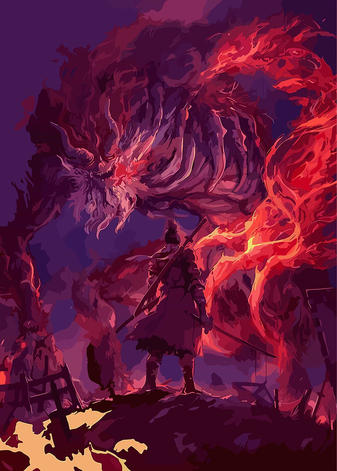 Warrior facing a fiery demon