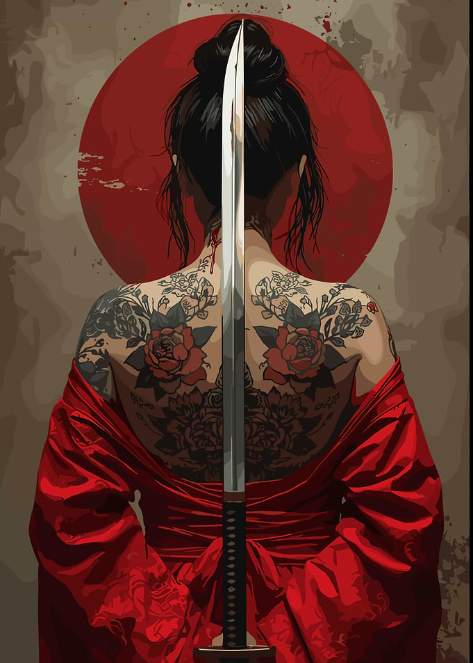 Tattooed Woman with Katana and Red Robe