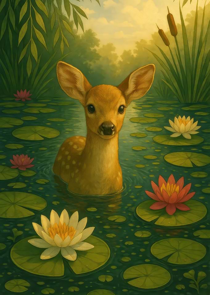 Fawn in Lily Pond